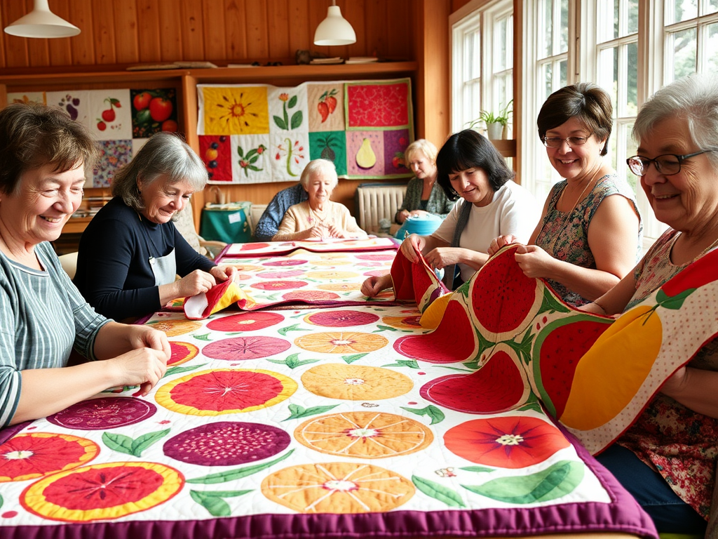 "a vibrant quilt workshop scene" "people joyfully quilting together" "colorful fruit-themed quilts in progress" "warm, inviting room filled with natural light" "smiling faces sharing creativity and support"