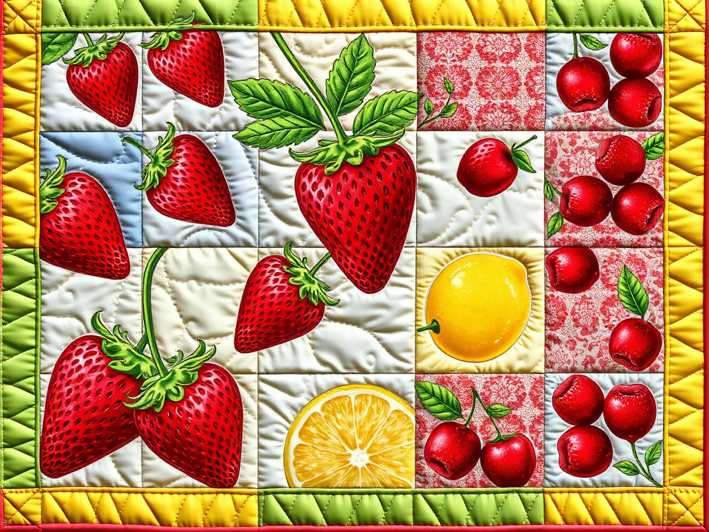 A colorful quilt featuring "juicy strawberries" and "lime and lemon patchwork blocks," with "cherry patterns" stitched by hand and machine, showcasing detailed fabric textures.