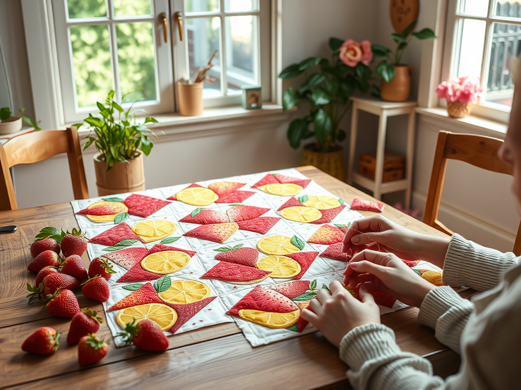 A cozy bright room with "colorful fruit quilt blocks" like strawberries and lemons spread on a wooden table, hands sewing with needle and thread, soft natural light.