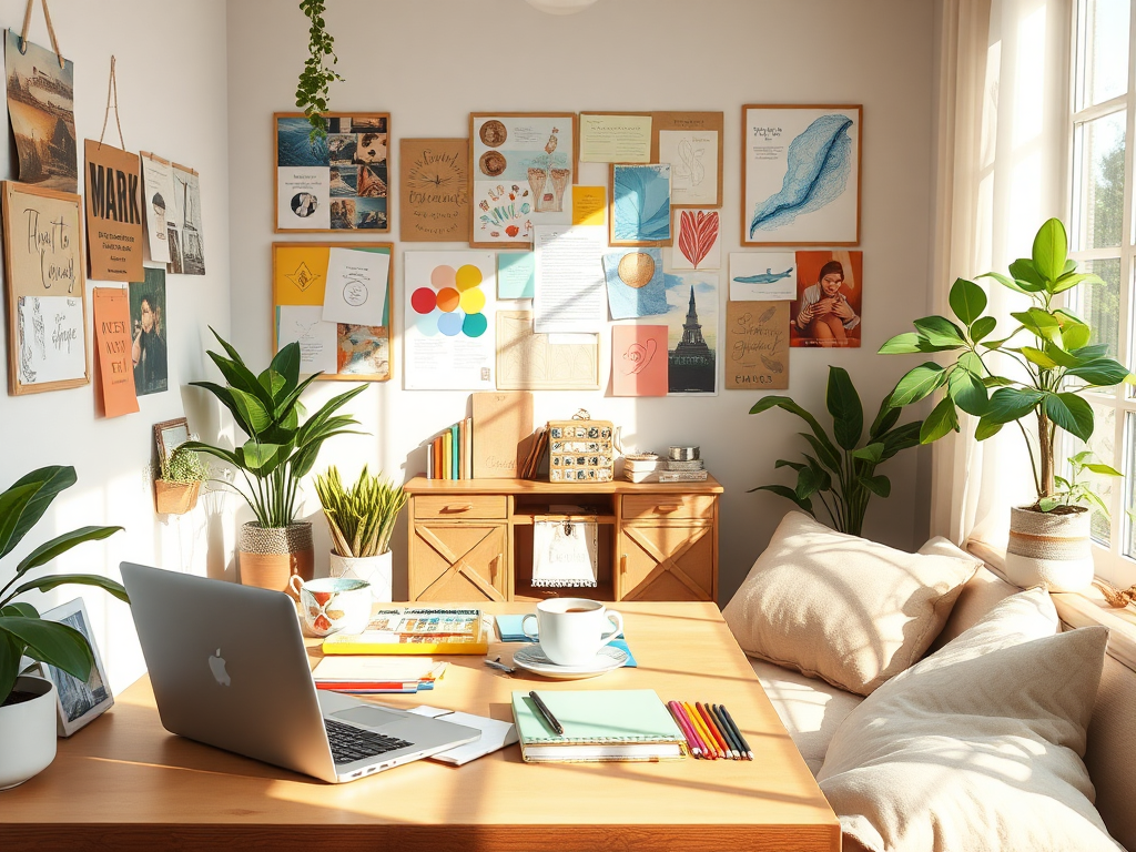A cozy, sunlit creative workspace with "a laptop, sketchbooks, colorful art supplies," "a coffee cup steaming gently," "inspirational mood boards on walls," surrounded by plants and soft cushions.