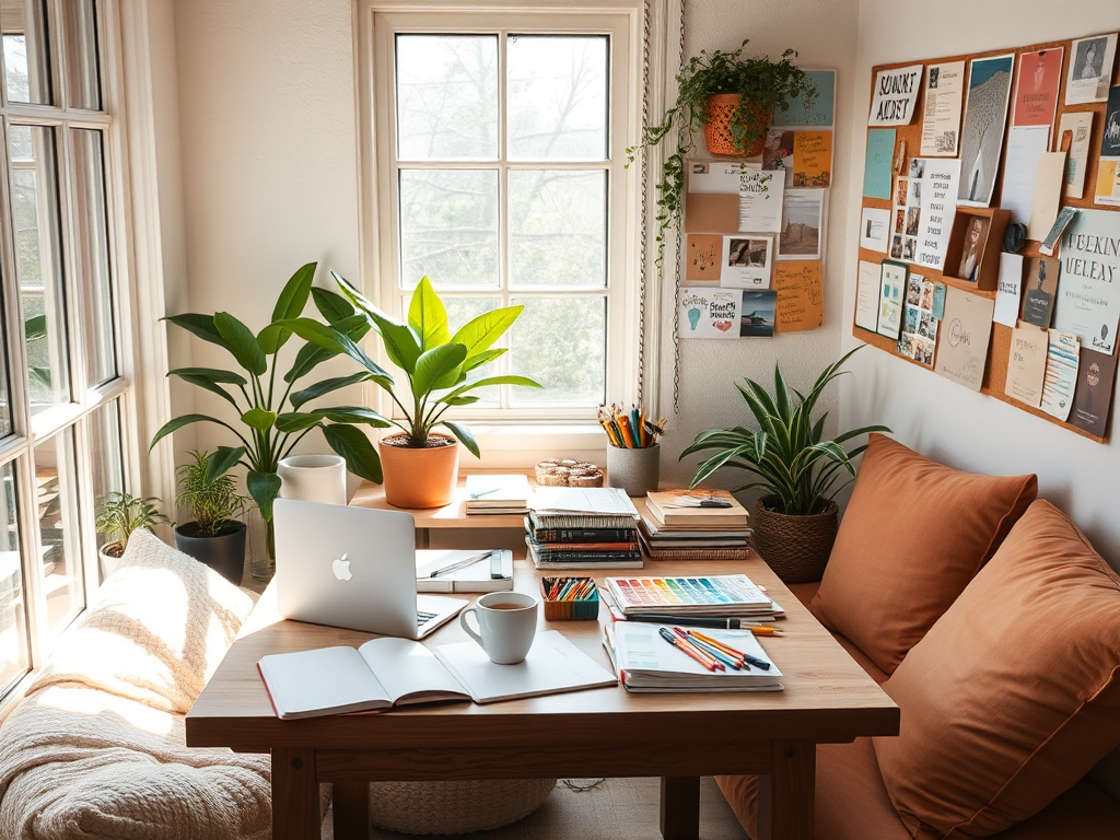 A cozy, sunlit creative workspace with "a laptop, sketchbooks, colorful art supplies," "a coffee cup steaming gently," "inspirational mood boards on walls," surrounded by plants and soft cushions.