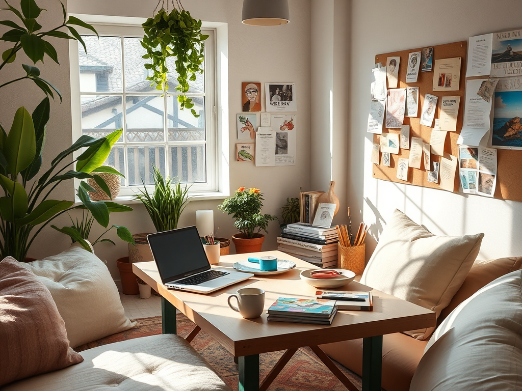 A cozy, sunlit creative workspace with "a laptop, sketchbooks, colorful art supplies," "a coffee cup steaming gently," "inspirational mood boards on walls," surrounded by plants and soft cushions.