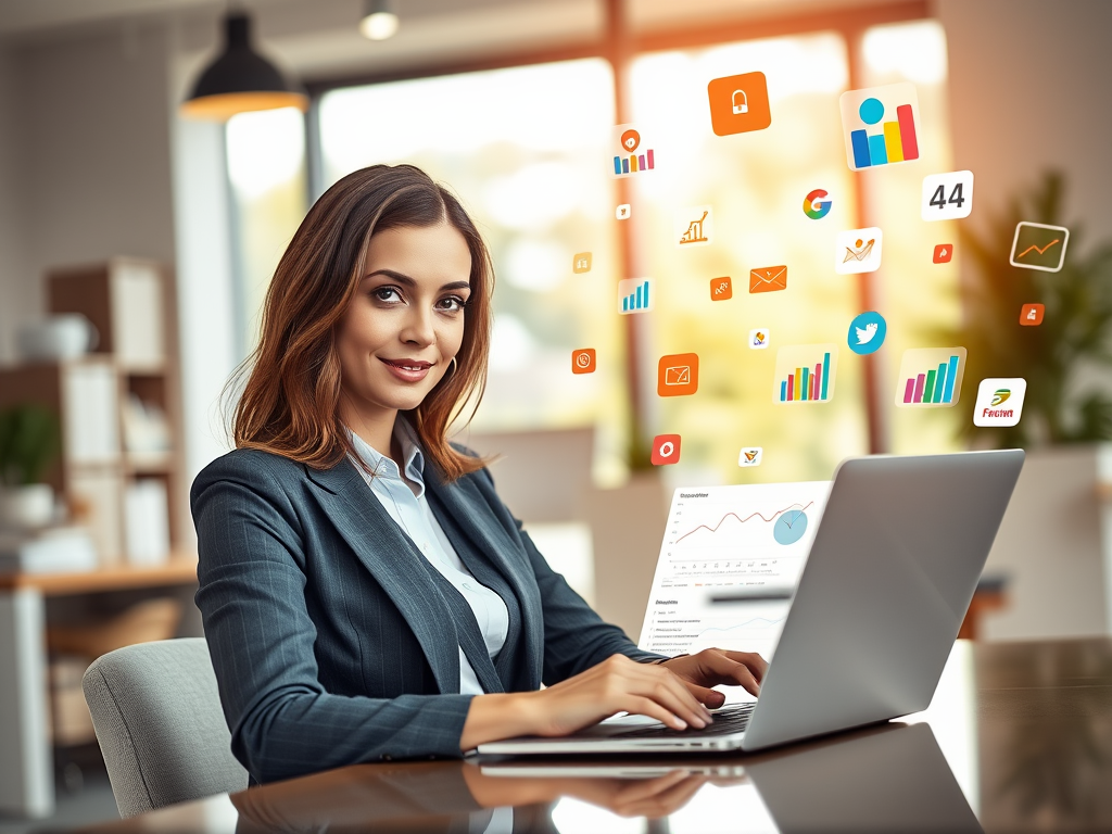 "A confident professional woman" "analyzing data charts on a sleek laptop" "bright modern office environment" "soft natural lighting" "focused expression" "colorful graphs and user behavior icons floating around" "dynamic digital marketing atmosphere".