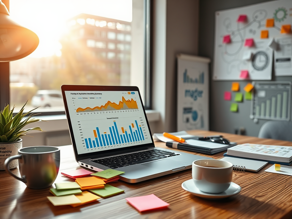 "a modern workspace" with "laptop displaying analytics charts," "colorful sticky notes," "coffee cup," "brainstorming sketches," and "sunlight through a window" conveying focused digital marketing strategy.