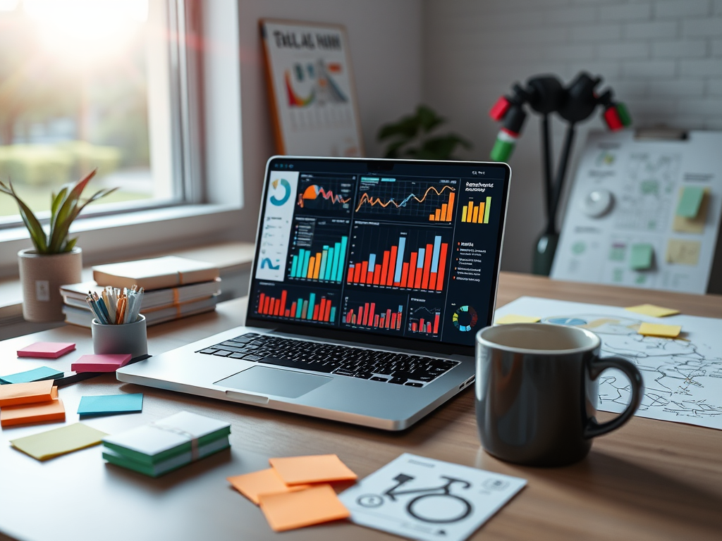 "a modern workspace" with "laptop displaying analytics charts," "colorful sticky notes," "coffee cup," "brainstorming sketches," and "sunlight through a window" conveying focused digital marketing strategy.