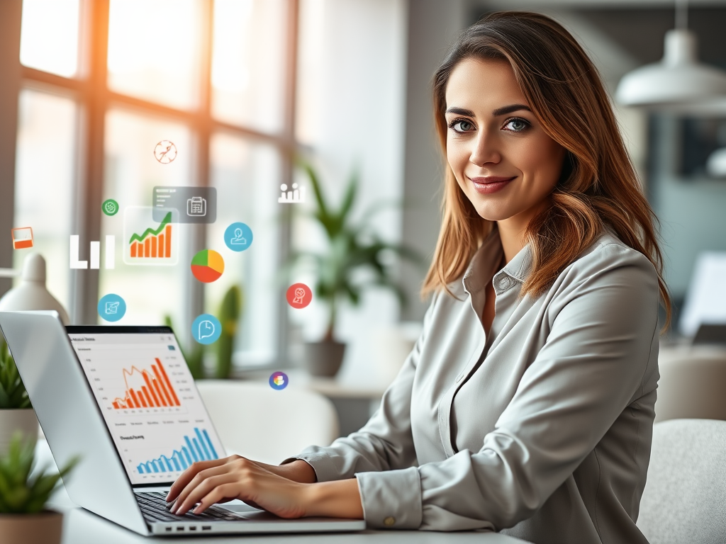 "A confident professional woman" "analyzing data charts on a sleek laptop" "bright modern office environment" "soft natural lighting" "focused expression" "colorful graphs and user behavior icons floating around" "dynamic digital marketing atmosphere".
