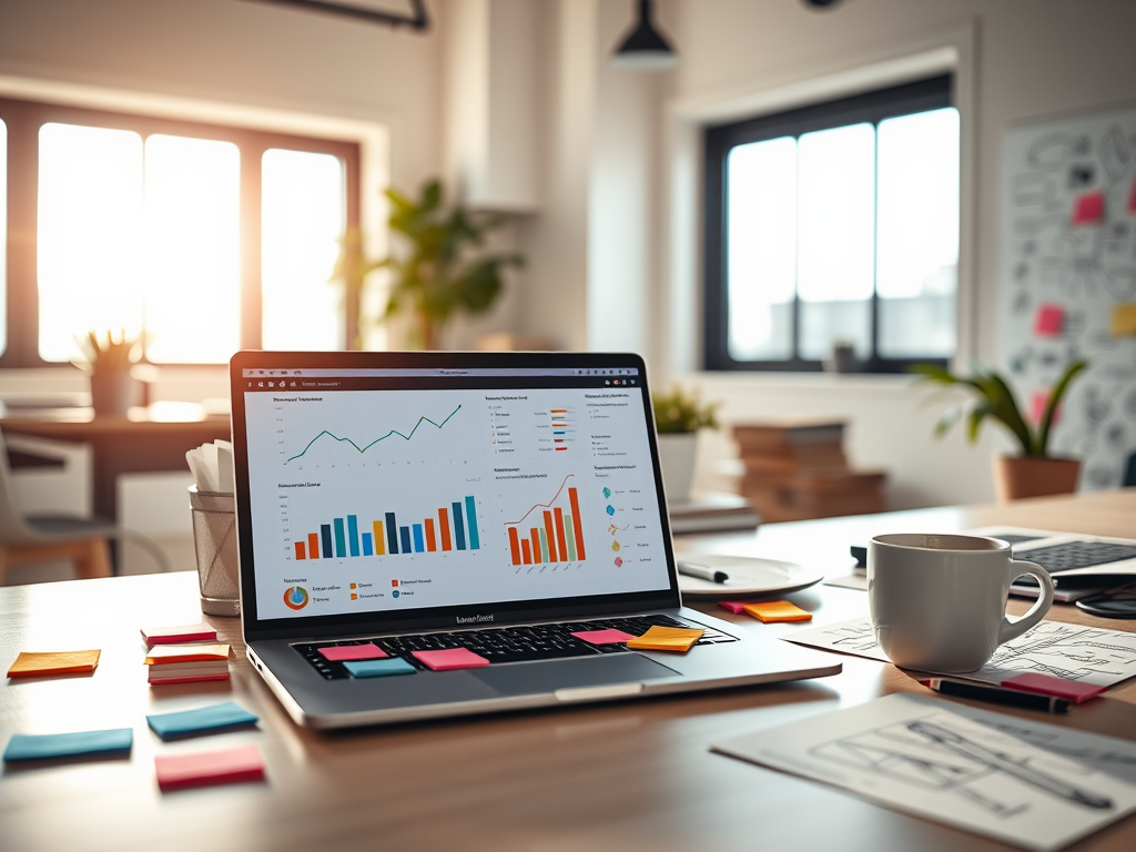 "a modern workspace" with "laptop displaying analytics charts," "colorful sticky notes," "coffee cup," "brainstorming sketches," and "sunlight through a window" conveying focused digital marketing strategy.