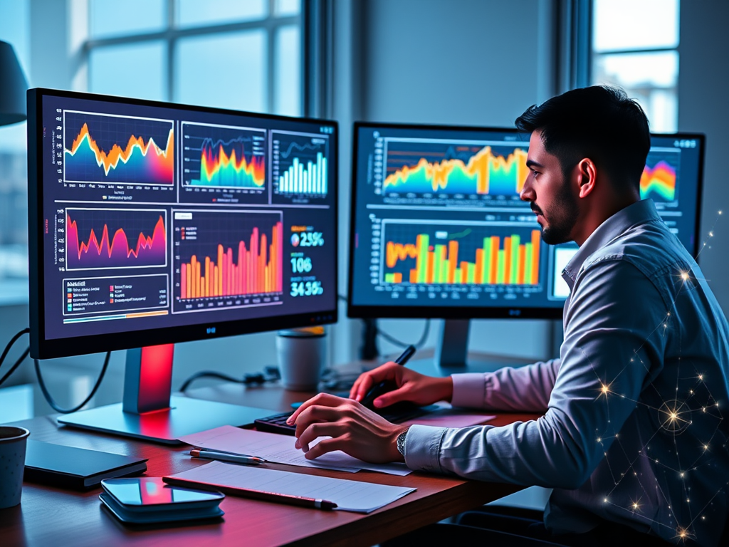 A sleek modern workspace with dual monitors showing vibrant graphs, a focused professional analyzing data, surrounded by notes, coffee cup, and digital marketing icons glowing subtly.