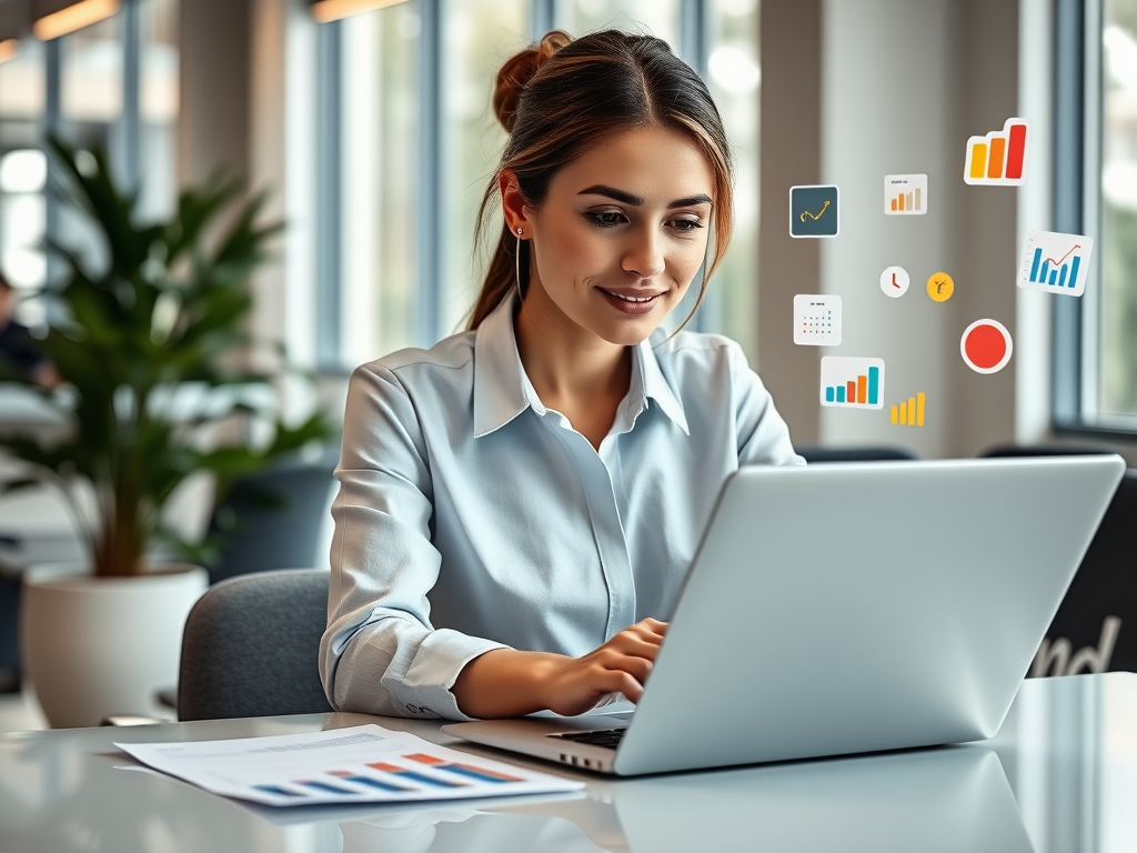 "A confident professional woman" "analyzing data charts on a sleek laptop" "bright modern office environment" "soft natural lighting" "focused expression" "colorful graphs and user behavior icons floating around" "dynamic digital marketing atmosphere".