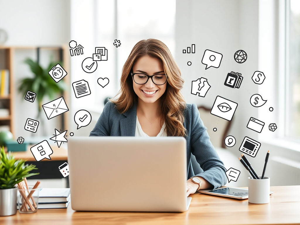 A confident woman working on a laptop, surrounded by icons of money, social media, and digital products, with a bright, inspiring workspace background.