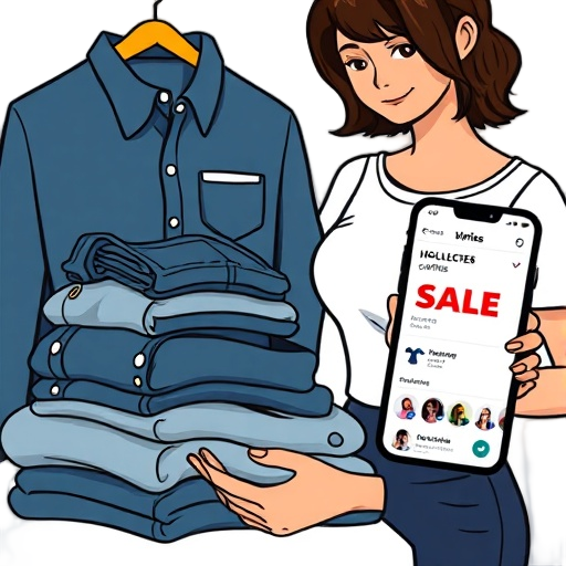"woman sorting clothes" "neatly folded jeans and shirts" "smartphone showing sale notifications"