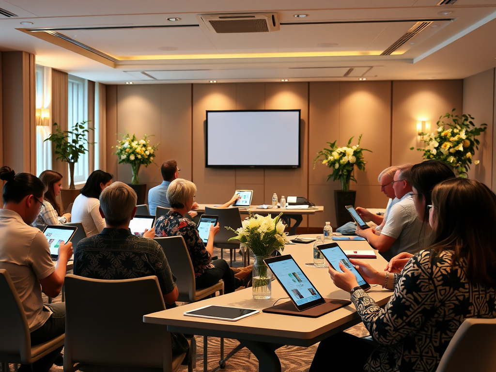 Deelnemers in een workshop met digitale apparaten en zachte verlichting.