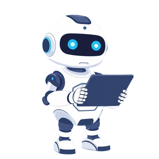 Een digitale assistentrobot met een tablet, omringd door iconen.