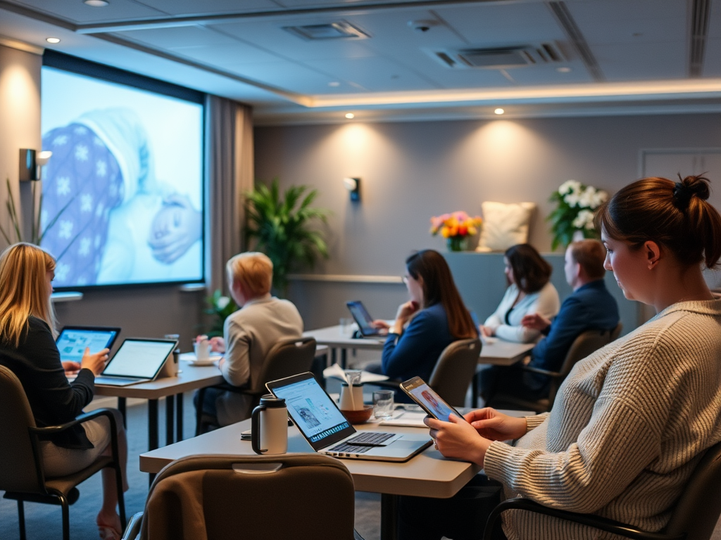 Een rustige workshop met deelnemers en digitale apparaten.