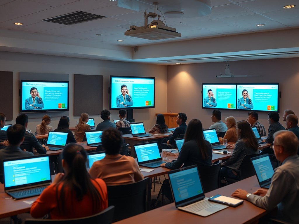 Een digitale klas met diverse leerlingen en laptops.