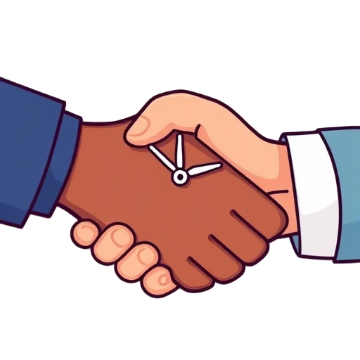 Carefully describe an image in great detail that needs to be generate, use quotes to split visual things. "clock handshake AI"