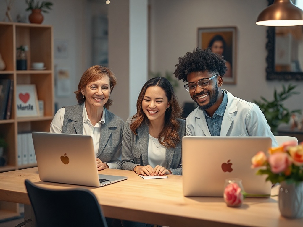 Warm atelier scene with three diverse funeral professionals smiling softly, laptops showing abstract chat bubbles, calm lighting, subtle hearts, clean desk with flowers, testimonials mood, no words.
