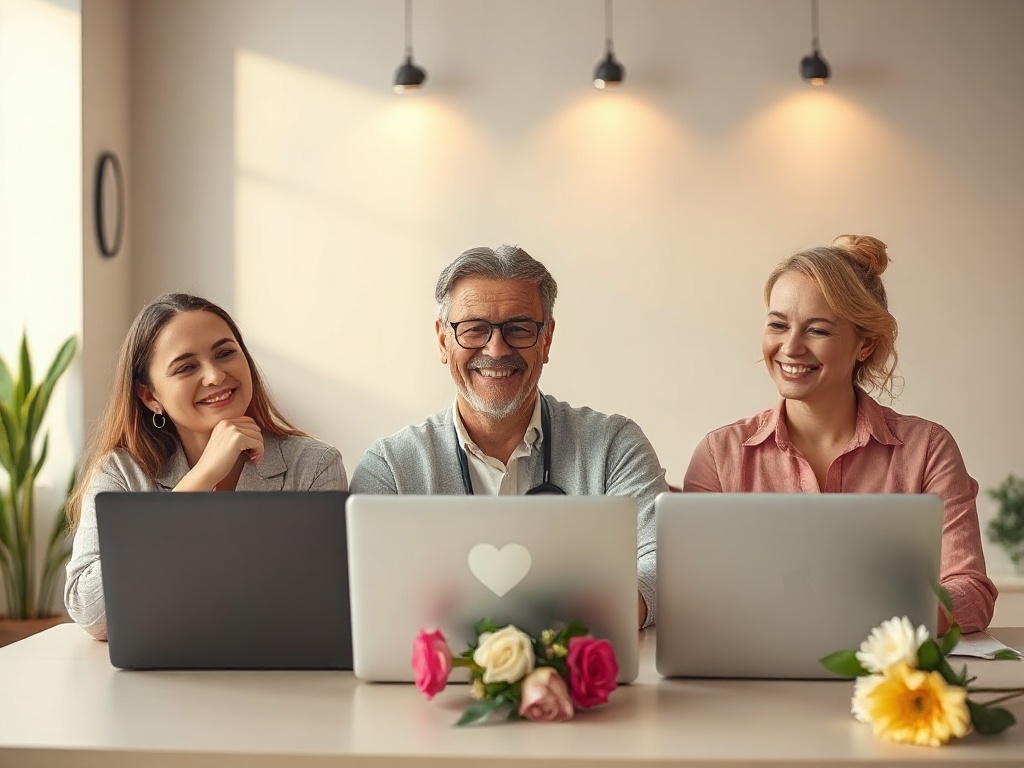 Warm atelier scene with three diverse funeral professionals smiling softly, laptops showing abstract chat bubbles, calm lighting, subtle hearts, clean desk with flowers, testimonials mood, no words.