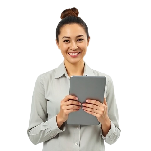 A warm smiling person in modest professional attire, holding a small tablet, symbolizing AI training for funeral professionals, white background, serene confidence