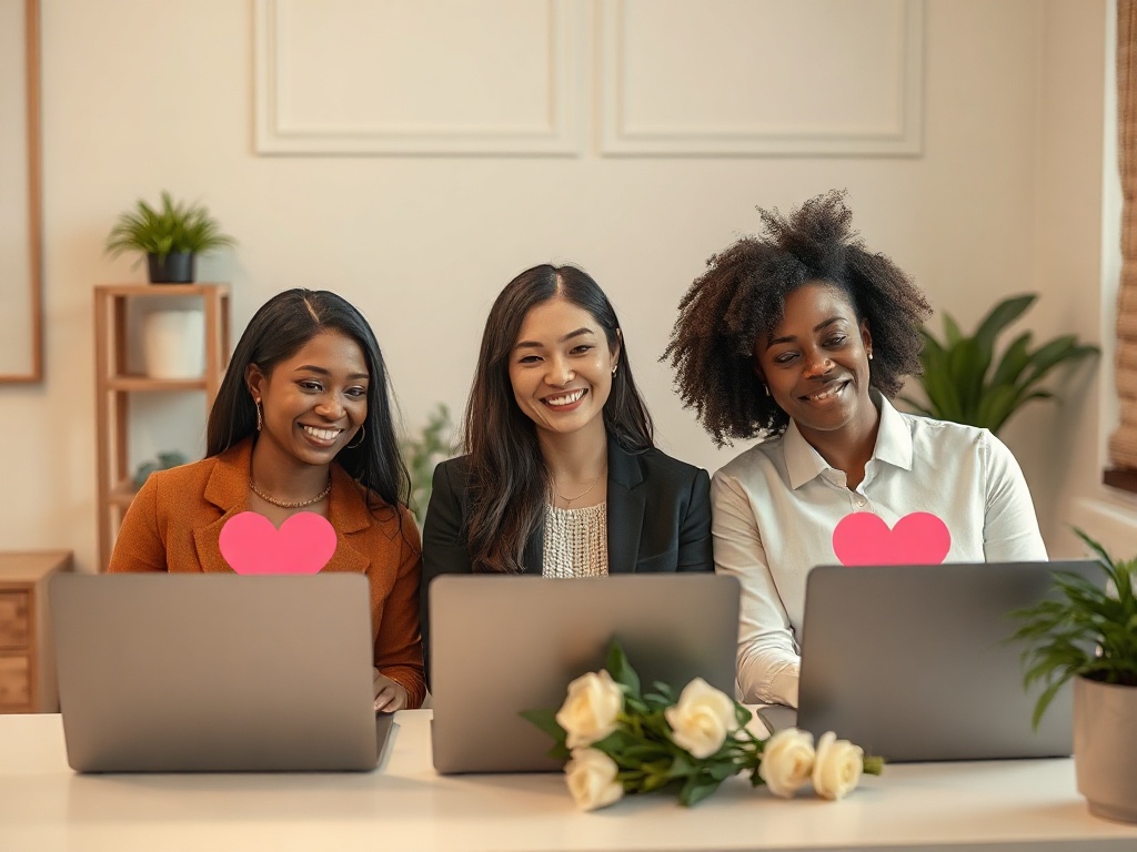 Warm atelier scene with three diverse funeral professionals smiling softly, laptops showing abstract chat bubbles, calm lighting, subtle hearts, clean desk with flowers, testimonials mood, no words.