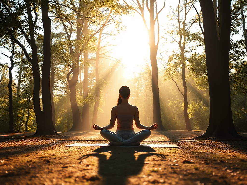 Een persoon in meditatieve houding omringd door zonlicht.