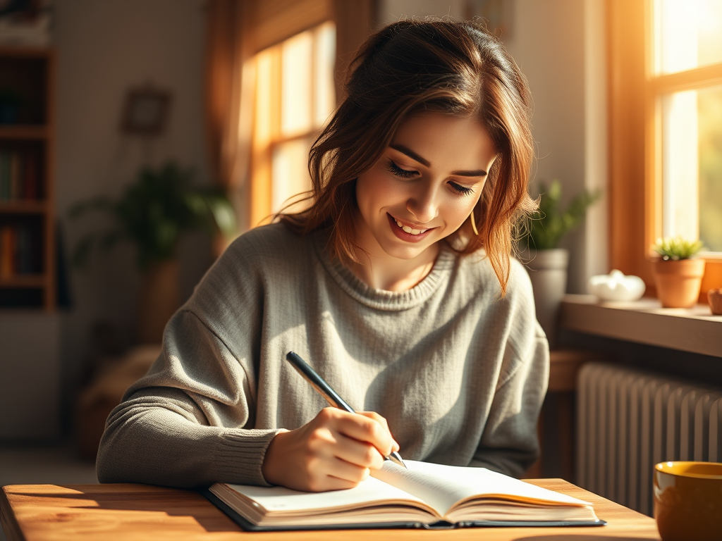 "confident woman writing passionately" "open notebook with pen" "sunlit cozy room" "inspirational ambiance" "calm focused expression" "warm natural colors"