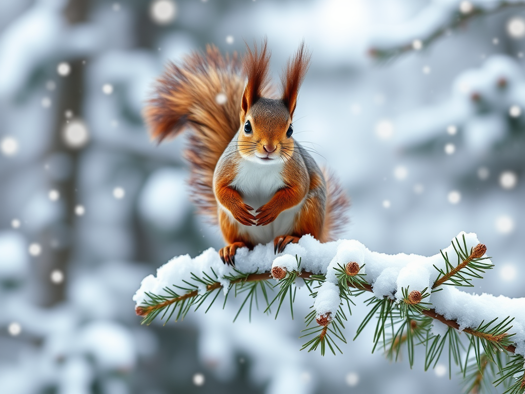 "A lively squirrel perched on a snow-covered pine branch," "detailed fluffy tail," "bright eyes," "playful winter forest background," "soft snowfall creating a joyful atmosphere."