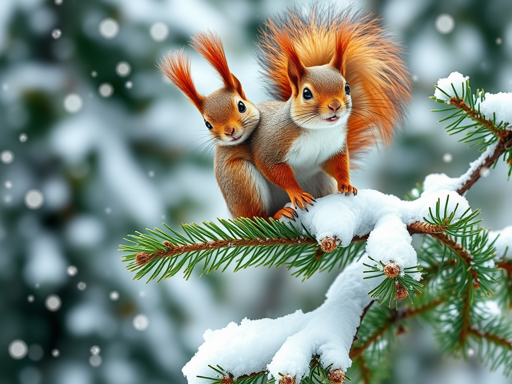 "A lively squirrel perched on a snow-covered pine branch," "detailed fluffy tail," "bright eyes," "playful winter forest background," "soft snowfall creating a joyful atmosphere."