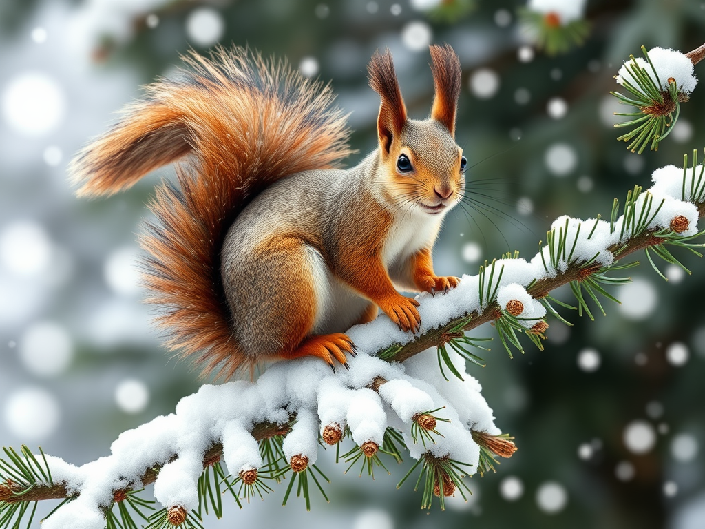 "A lively squirrel perched on a snow-covered pine branch," "detailed fluffy tail," "bright eyes," "playful winter forest background," "soft snowfall creating a joyful atmosphere."