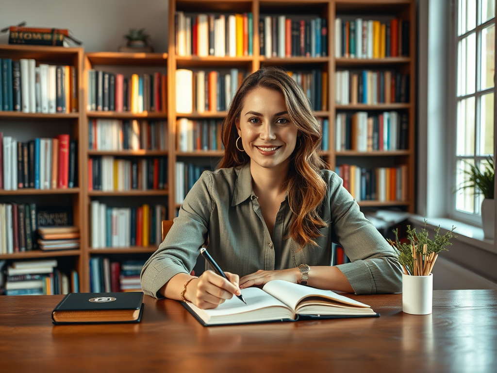 "a confident woman sitting at a wooden desk" "writing in a notebook" "soft natural light streaming through a window" "bookshelves filled with colorful books in the background" "calm and inspiring atmosphere"