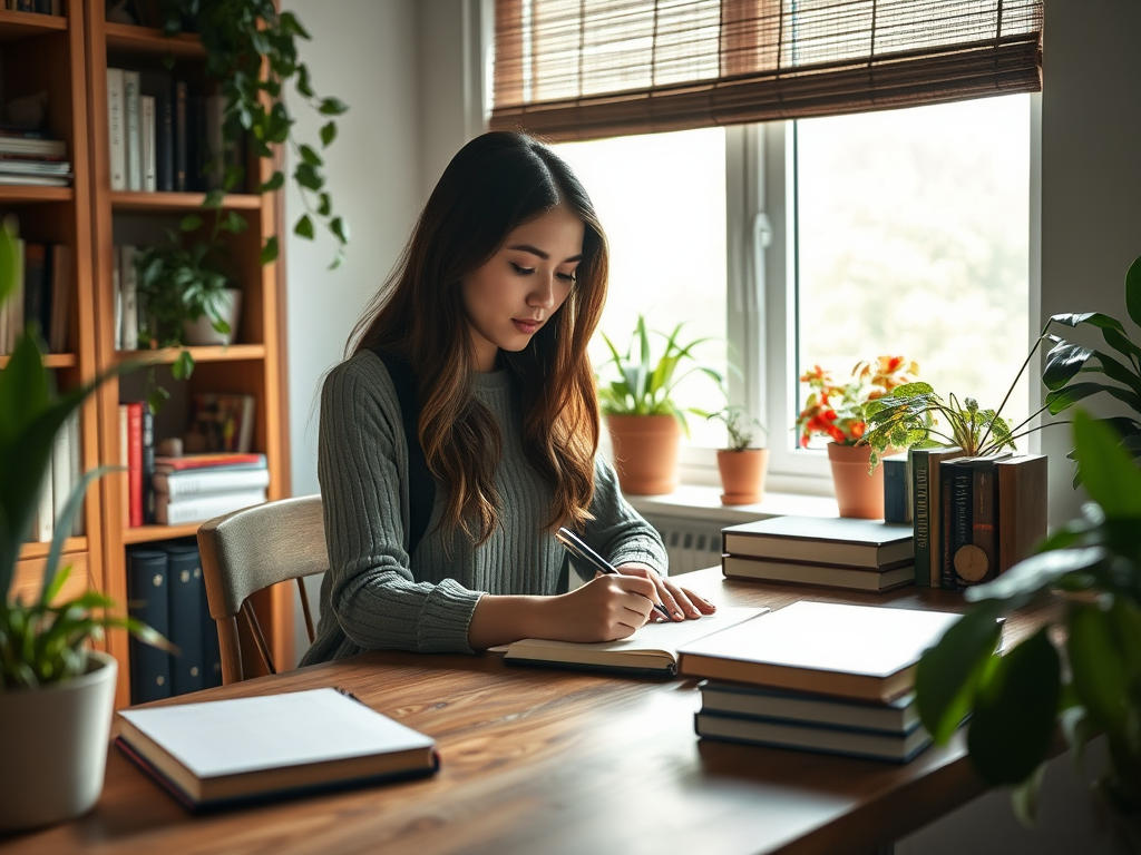 "a woman sitting at a wooden desk" "focused, writing in a notebook" "soft natural light from window" "surrounded by plants and books" "calm, inspiring atmosphere"