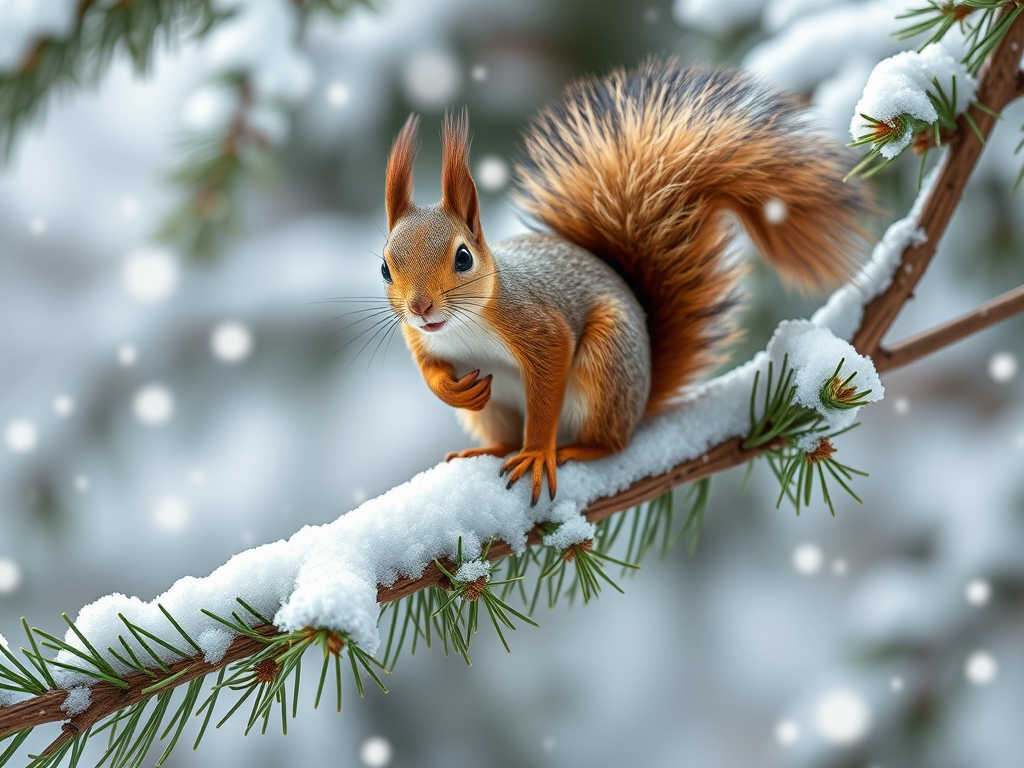 "A lively squirrel perched on a snow-covered pine branch," "detailed fluffy tail," "bright eyes," "playful winter forest background," "soft snowfall creating a joyful atmosphere."
