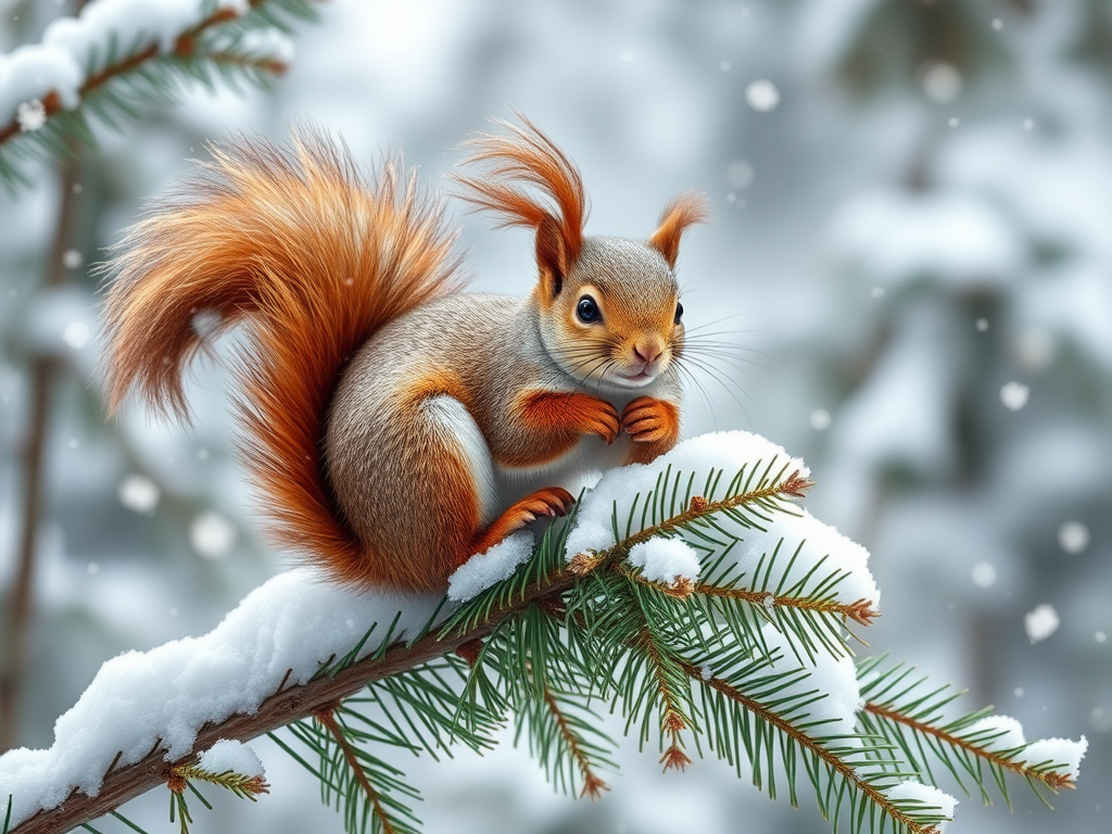 "A lively squirrel perched on a snow-covered pine branch," "detailed fluffy tail," "bright eyes," "playful winter forest background," "soft snowfall creating a joyful atmosphere."
