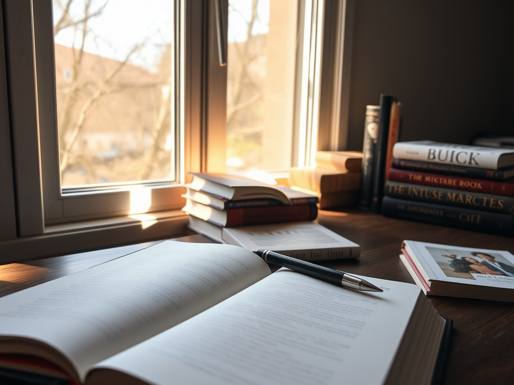 "an open journal" "pen poised to write" "warm sunlight streaming through window" "cozy desk with scattered inspirational books" "soft shadows creating a calm, focused atmosphere"