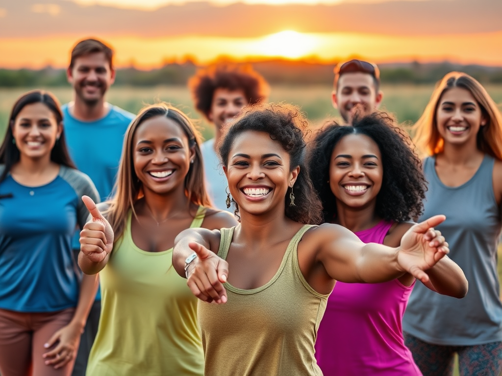 A diverse group of confident people smiling, doing simple daily exercises outdoors at sunrise, vibrant colors, warm and empowering atmosphere.