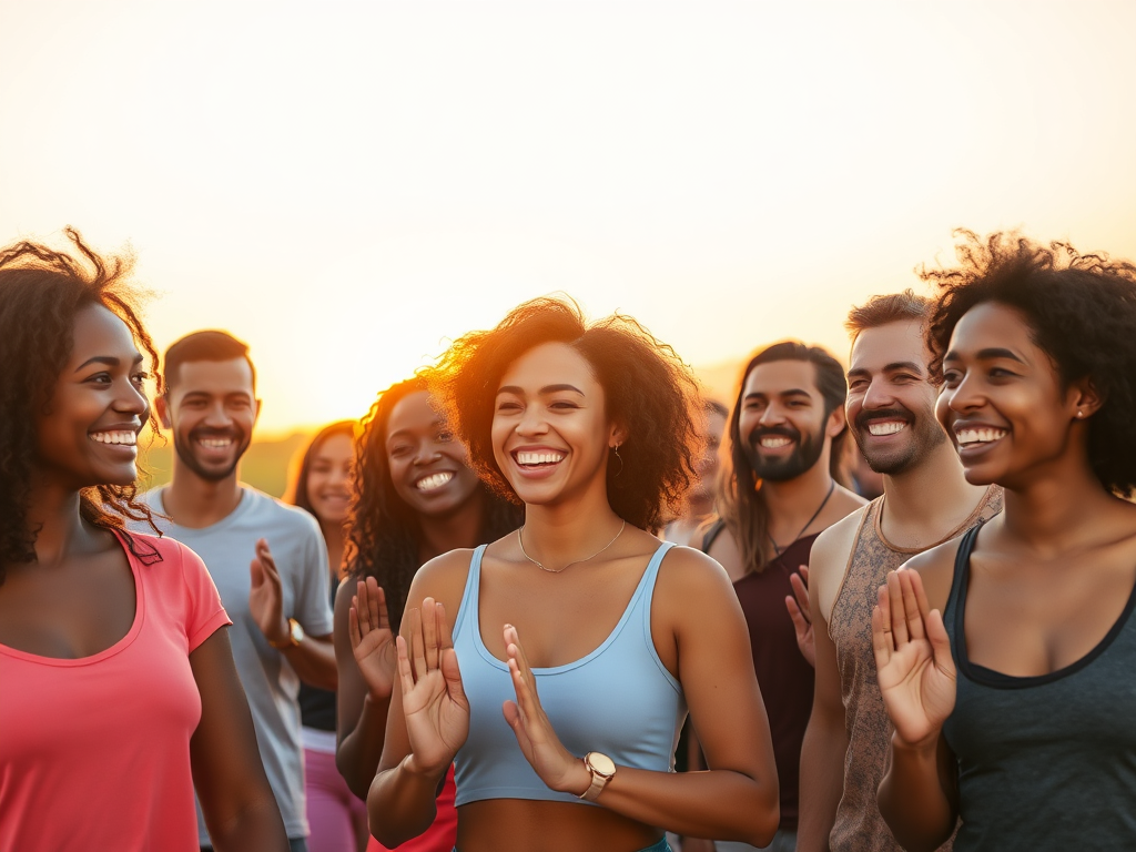 A diverse group of confident people smiling, doing simple daily exercises outdoors at sunrise, vibrant colors, warm and empowering atmosphere.