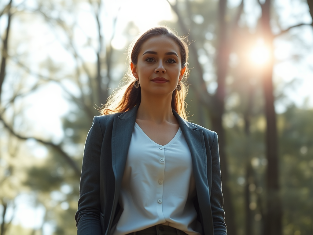 "confident ambitious woman" standing "in a serene natural setting" with "sunlight filtering through trees" and "calm, determined expression," surrounded by "subtle glowing energy" symbolizing empowerment and growth.