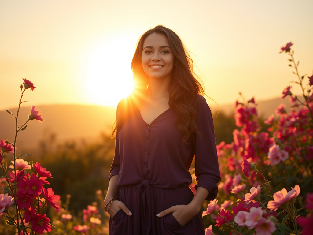 A confident woman standing tall, glowing aura, surrounded by blooming flowers, rising sun in background, peaceful nature setting, vibrant colors, serene expression.