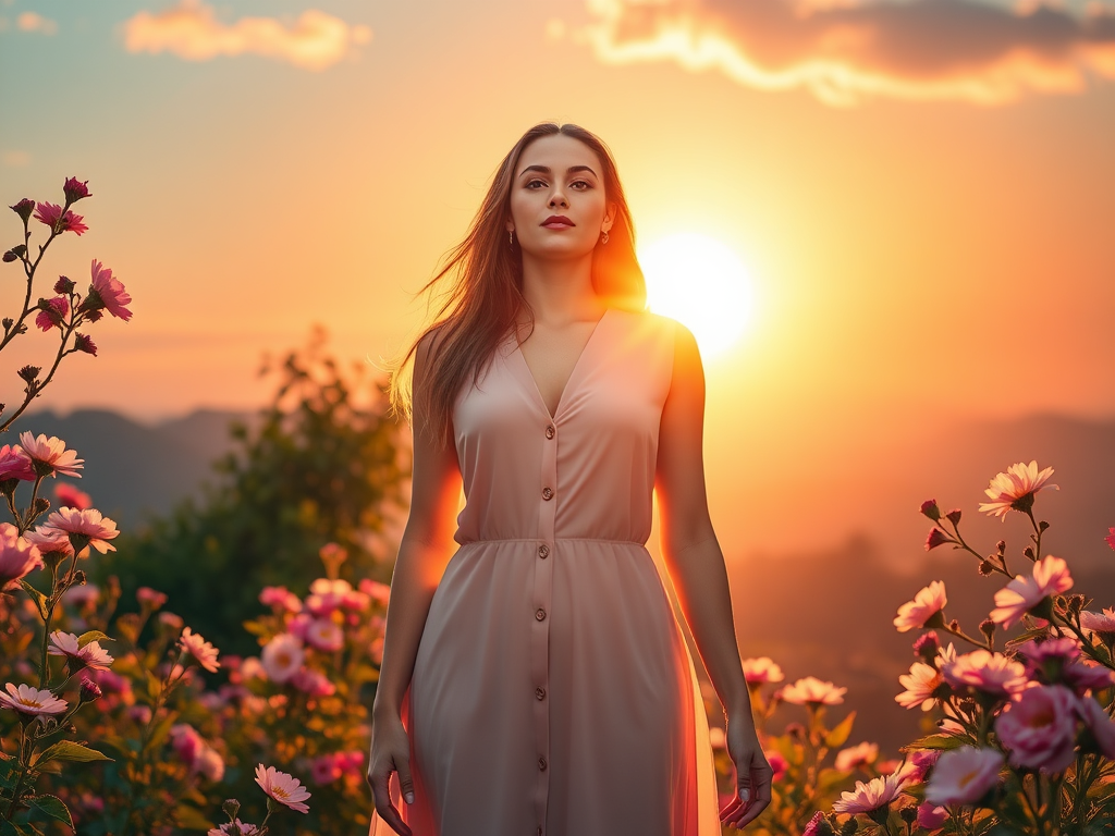 A confident woman standing tall, glowing aura, surrounded by blooming flowers, rising sun in background, peaceful nature setting, vibrant colors, serene expression.