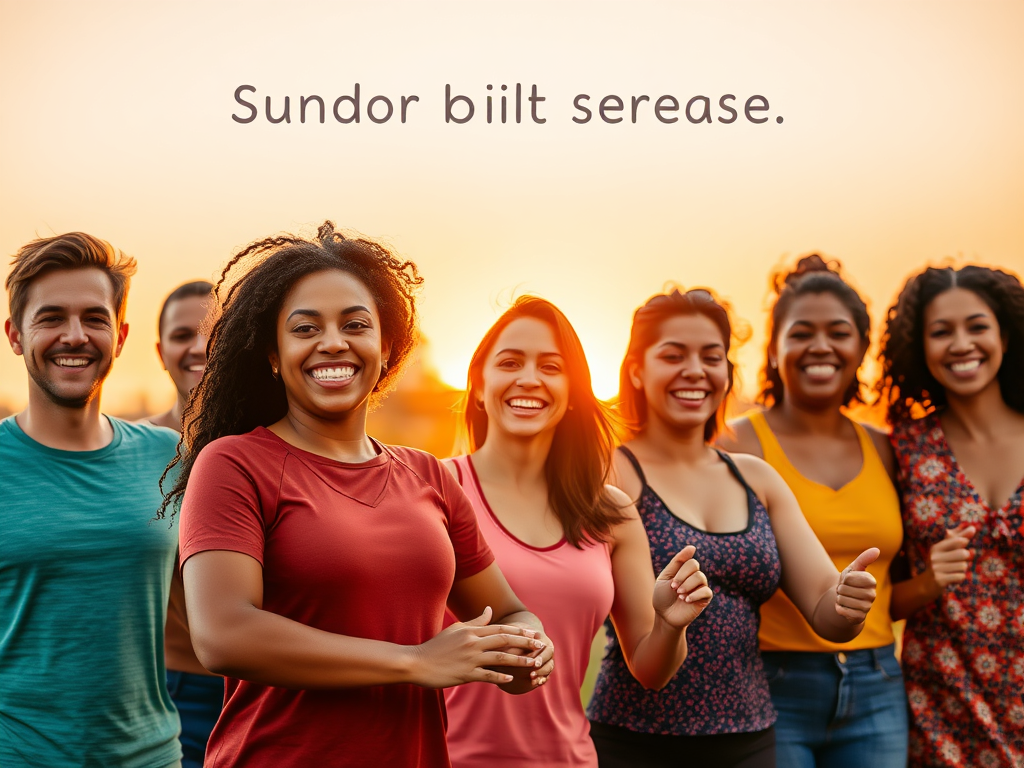 A diverse group of confident people smiling, doing simple daily exercises outdoors at sunrise, vibrant colors, warm and empowering atmosphere.