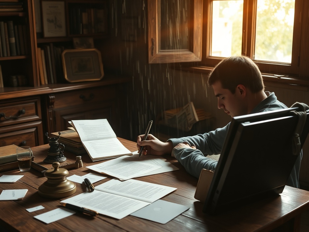 "silent writer at rustic desk" "soft golden light" "scattered paper, fountain pen" "open window, rain streaks" "calm, focused mood"