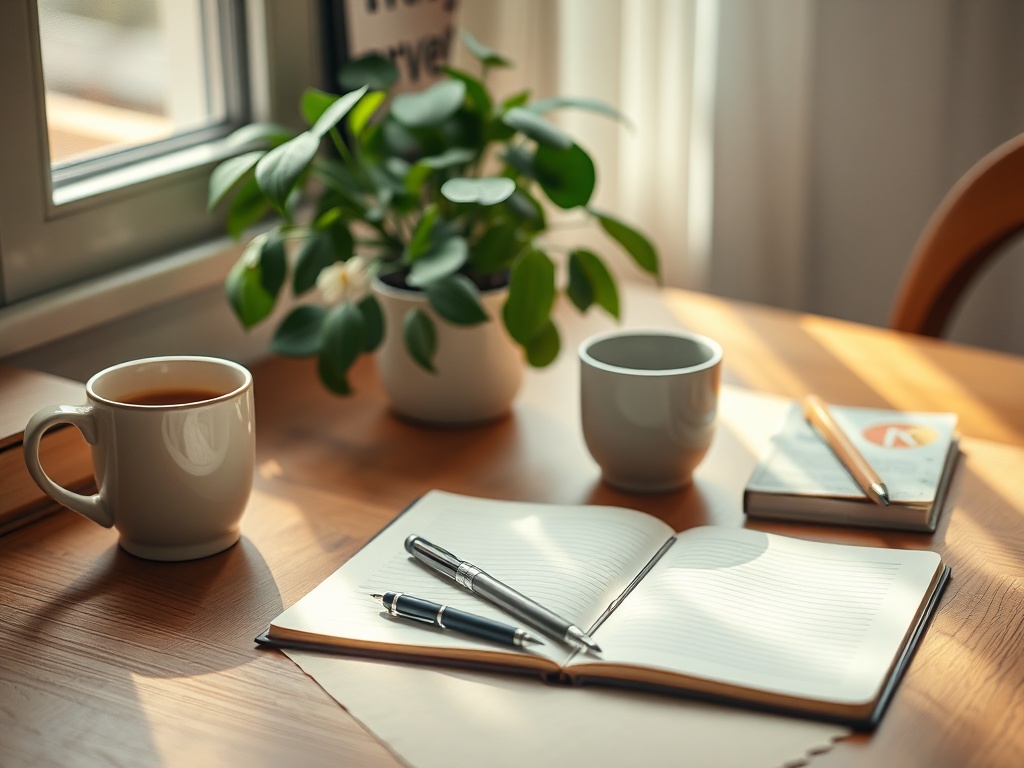 "cozy writer's desk" "soft morning light" "open notebook with pen" "warm coffee mug" "calm plant" "gentle inspiration atmosphere"