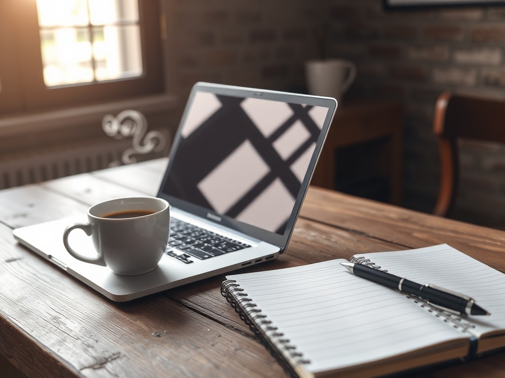 "Open laptop on rustic desk" "soft morning light" "coffee cup steaming" "notebook with pen" "calm productive atmosphere"