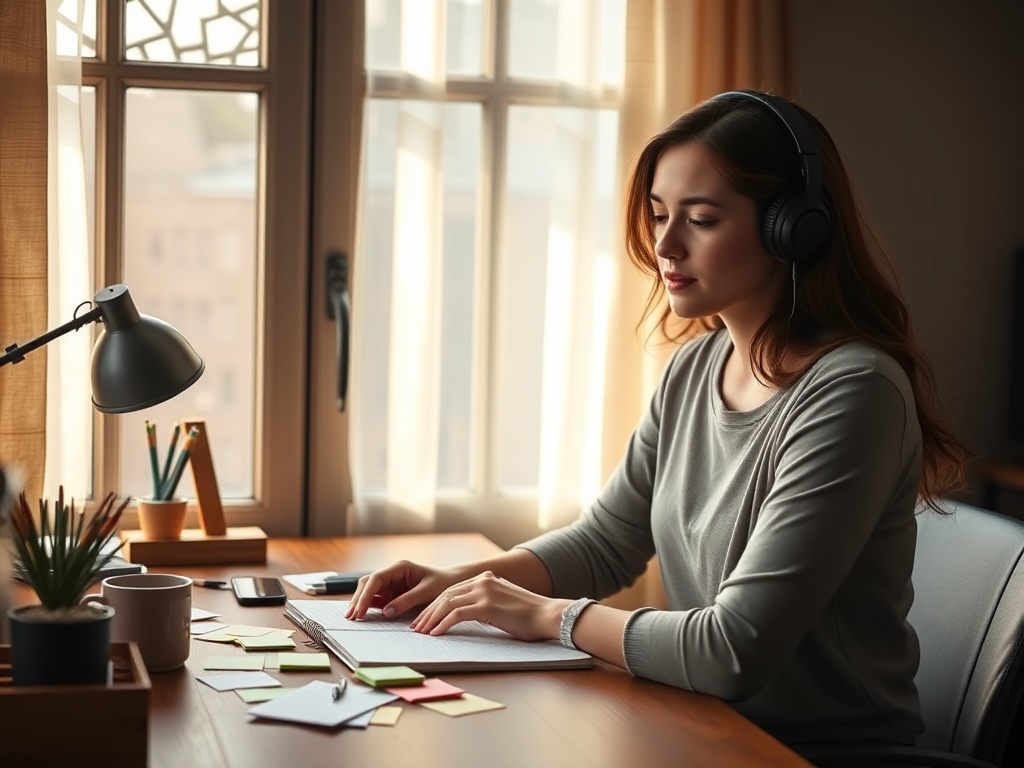 "Woman at wooden desk" "soft morning light through window" "open notebook, scattered sticky notes" "hot mug, headphones" "calm focused expression, warm muted palette"