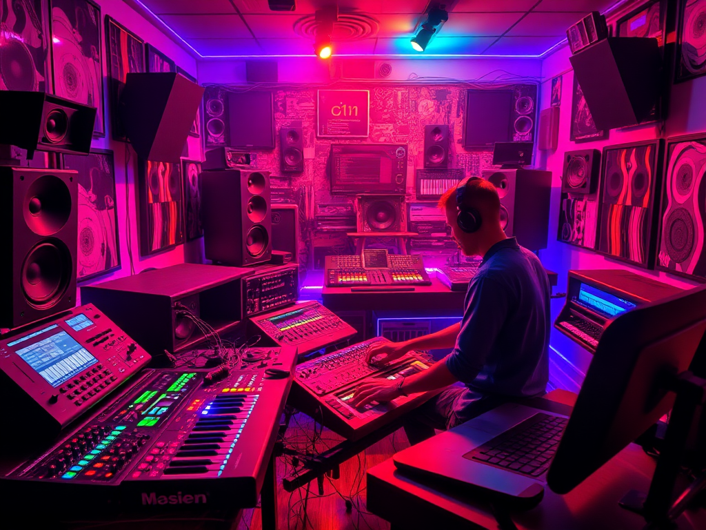Een levendige muziekstudio met kleurrijke apparatuur en een DJ.