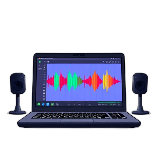 Laptop met kleurrijke geluidsgolven en speakers.