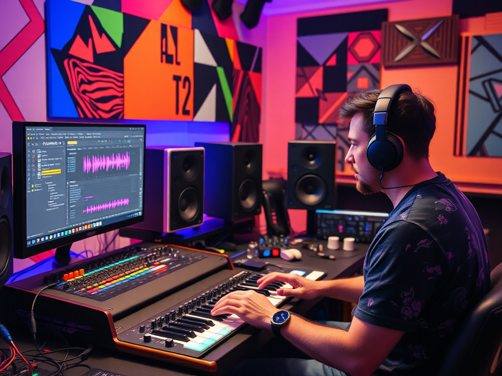 Een muziekstudio met kleurrijke apparatuur en een producer.