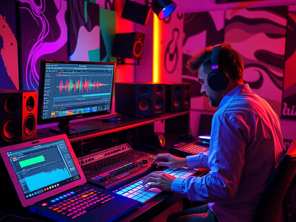 Een muziekstudio met kleurrijke apparatuur en een producer.