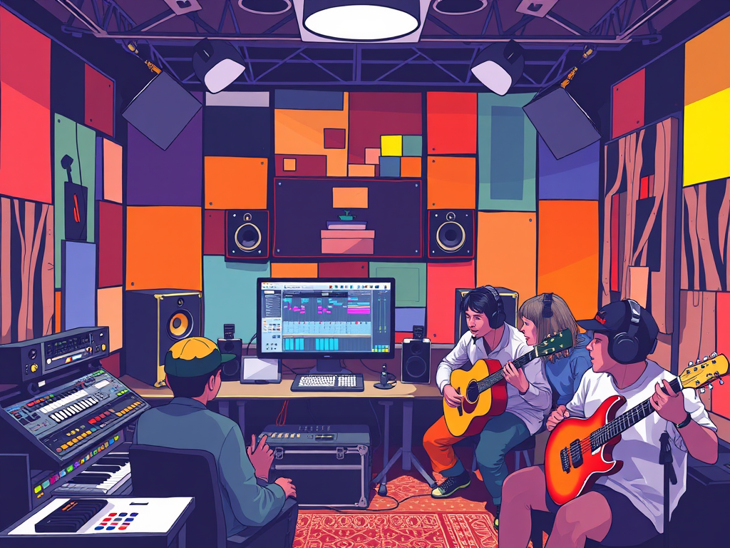 Een levendige muziekstudio met kleurrijke apparatuur en muzikanten.