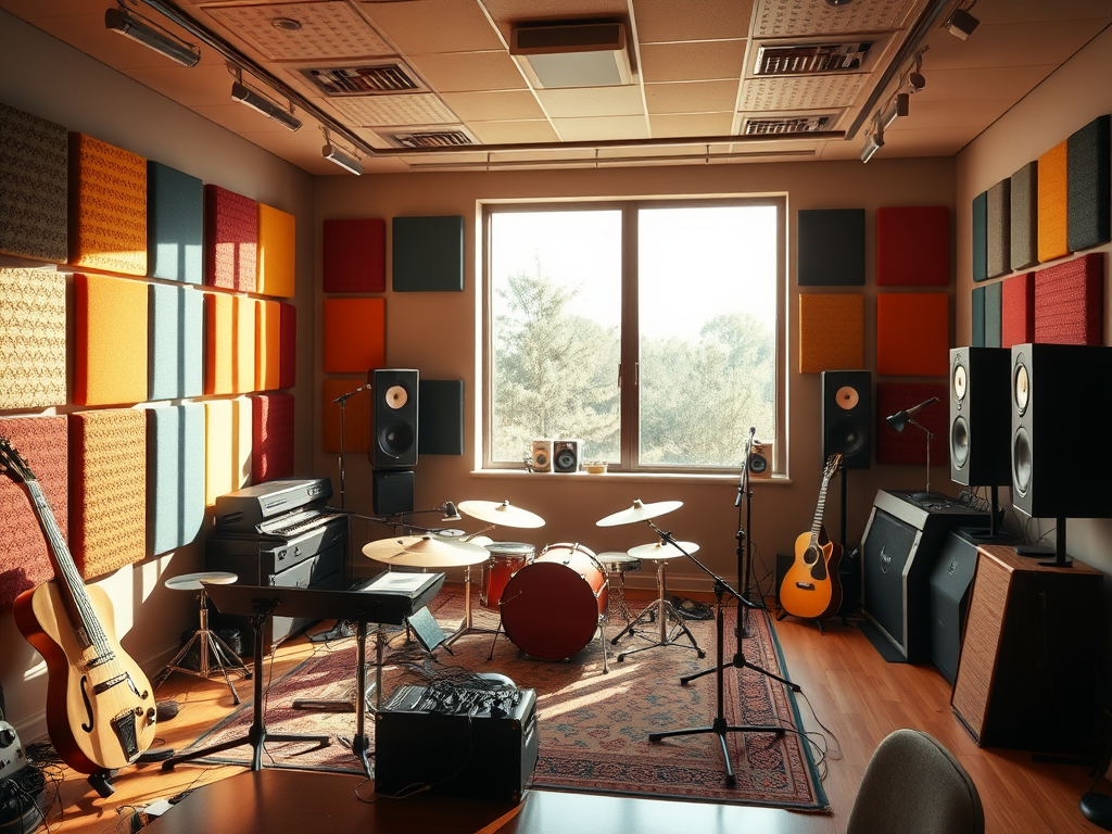 Een sfeervolle muziekstudio vol instrumenten en kleurrijke panelen.